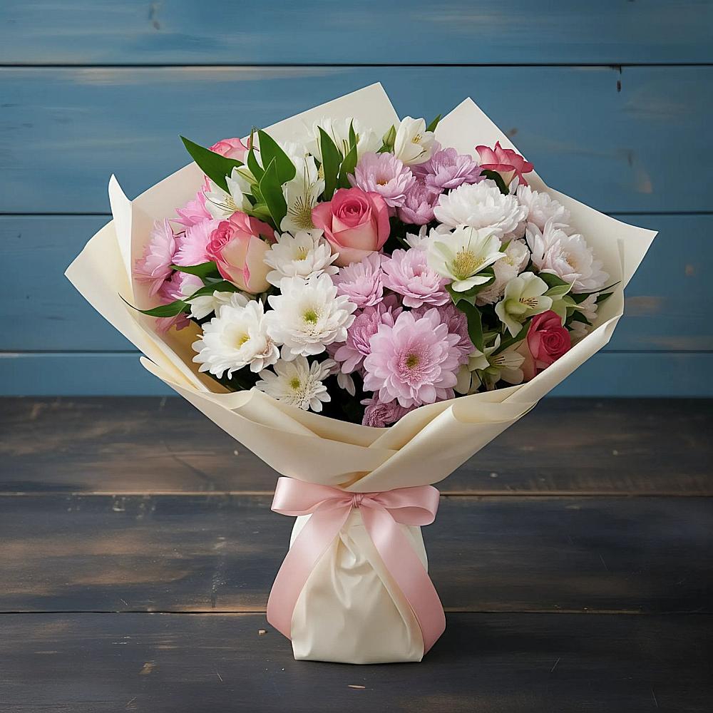 Букет цветов из: Хризантемы, Альстромерии и Розы в Ахтырском